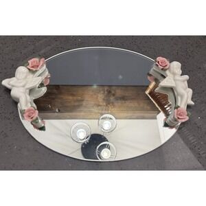 Vintage Oval Mirror Vanity Tray Raised 3D Porcelain Roses Cherubs Angels